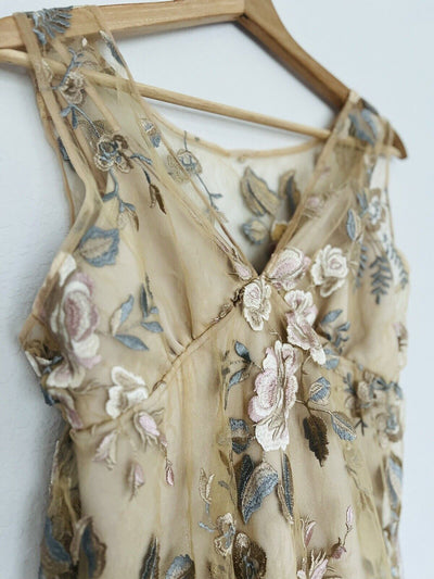 TUART Floral Lace Overlay Nude Bodysuit Sz M Pastel Blouse Embroidery Boho Fairy