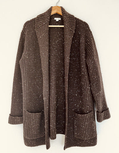 J. Jill Speckled Open Front Cardigan Sweater Sz S Brown Lambs Wool Pockets Boho