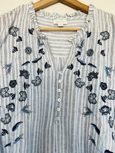 J Jill Love 100% Linen Embroidered Striped Tunic Blouse Sz M Floral Western Boho