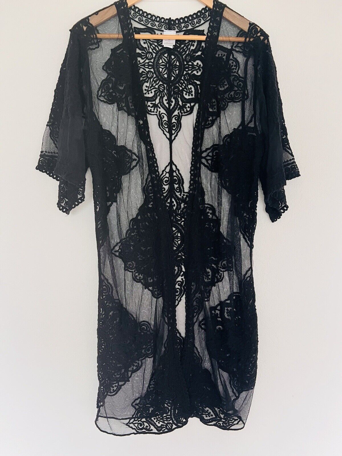 Lace Kimono Layering Cover Up Sz S-M Embroidered Floral Sheer Black Duster Boho