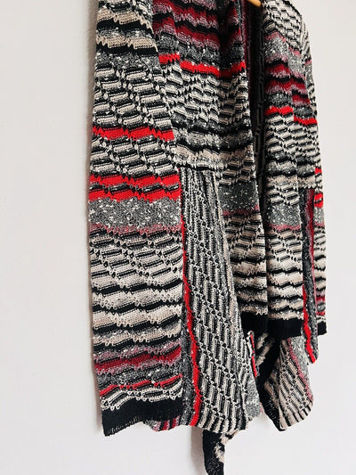 NIC + ZOE Linen Blend Cardigan Sweater Sz XS Stripe Drape Front Red Black Knit
