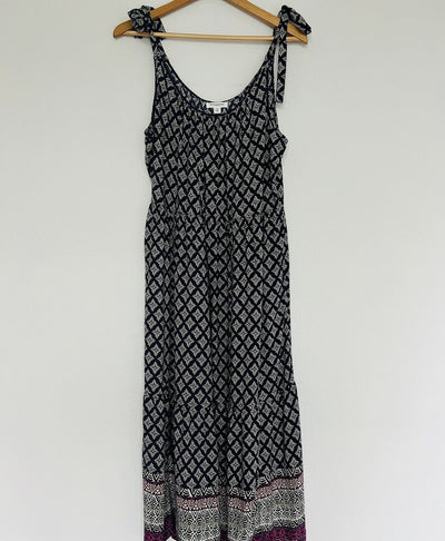 BEACH LUNCH LOUNGE Dress Sz XL Shoulder Tie Fit Flare Geometric Navy Travel Boho