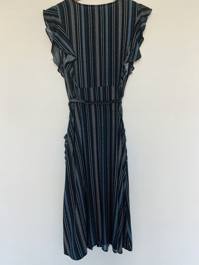 Xhilaration Striped Spring Dress Sz L Blue With Pockets Tie Waist Midi Boho