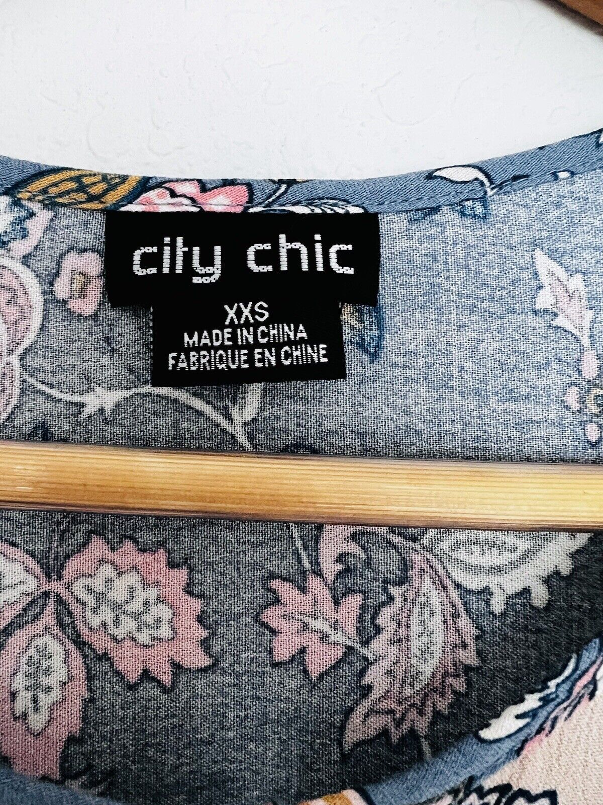 CITY CHIC Floral Tunic Dress Sz XXS Blue Balloon Sleeves Fairy Coquette Boho