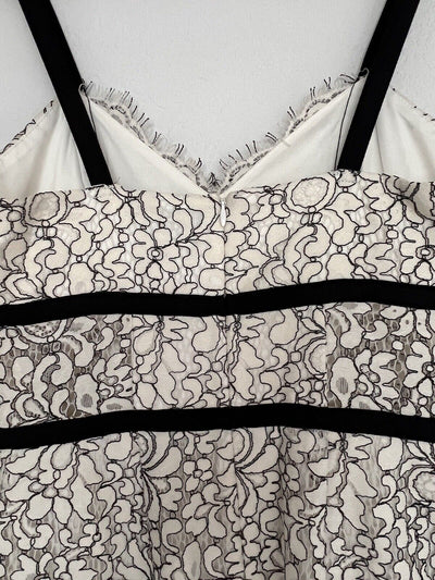 EXPRESS Black & White Floral Lace Dress Sz S Corset Crochet Sheath Velvet Trim