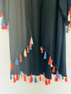 JUDITH MARCH Black Open Front Kimono Blouse Sz M Boho Aztec Tasseled Hi Low