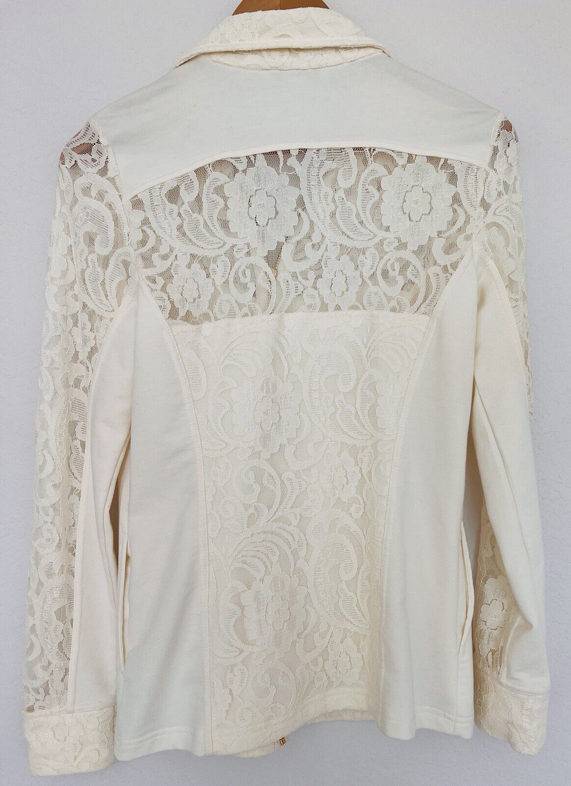 BOSTON PROPER Womens Mix Media Jacket Sz S Lace Jersey Gold Zip Ivory