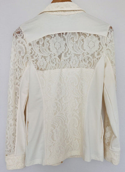 BOSTON PROPER Womens Mix Media Jacket Sz S Lace Jersey Gold Zip Ivory