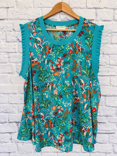 SKIES ARE BLUE Women Sleeveless Top Sz 3X Floral Print Mix Media Ruffle Blouse
