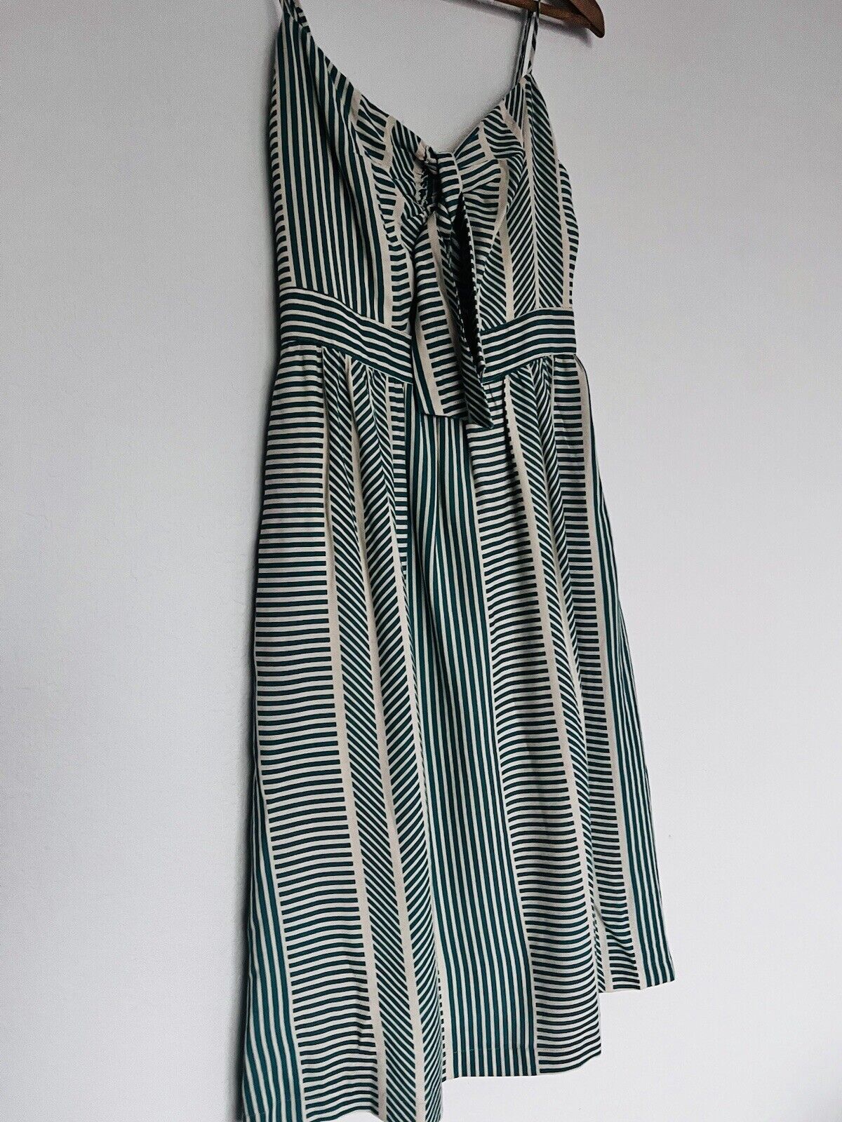 LUSH Womens Green Striped Dress Sz S Tie Front Midi Bow 100% Cotton