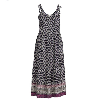 BEACH LUNCH LOUNGE Dress Sz XL Shoulder Tie Fit Flare Geometric Navy Travel Boho
