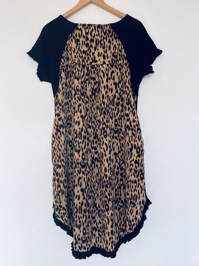 UMGEE Black Dress Leopard Animal Print Sz S Linen Boho Western Fringe Edge
