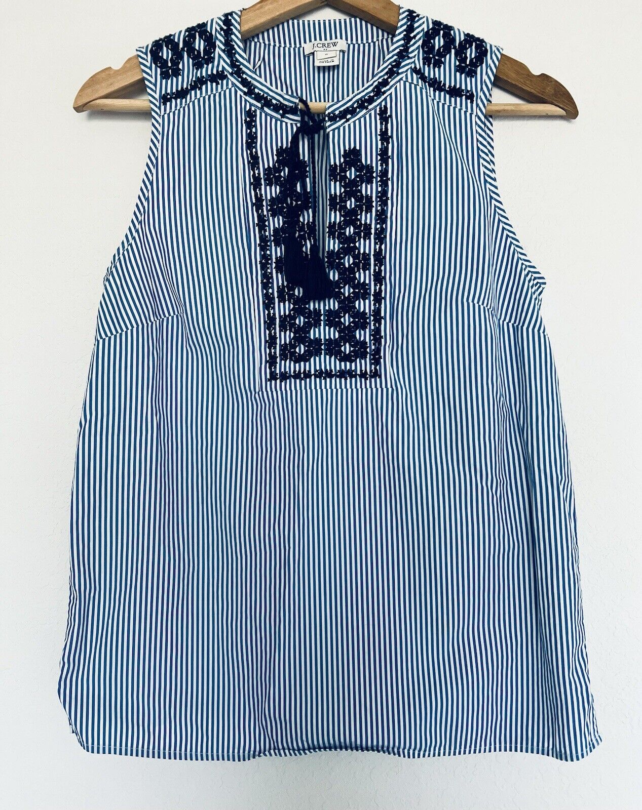 J. CREW Embroidered Striped Top Sz 0 Sleeveless Tassels Pullover Boho