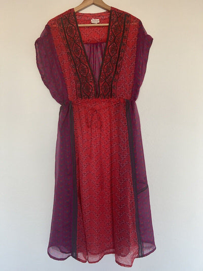 NATURAL LIFE Embroidered Maxi Shirt Dress One Size Coverup Sheer Red Boho Floral