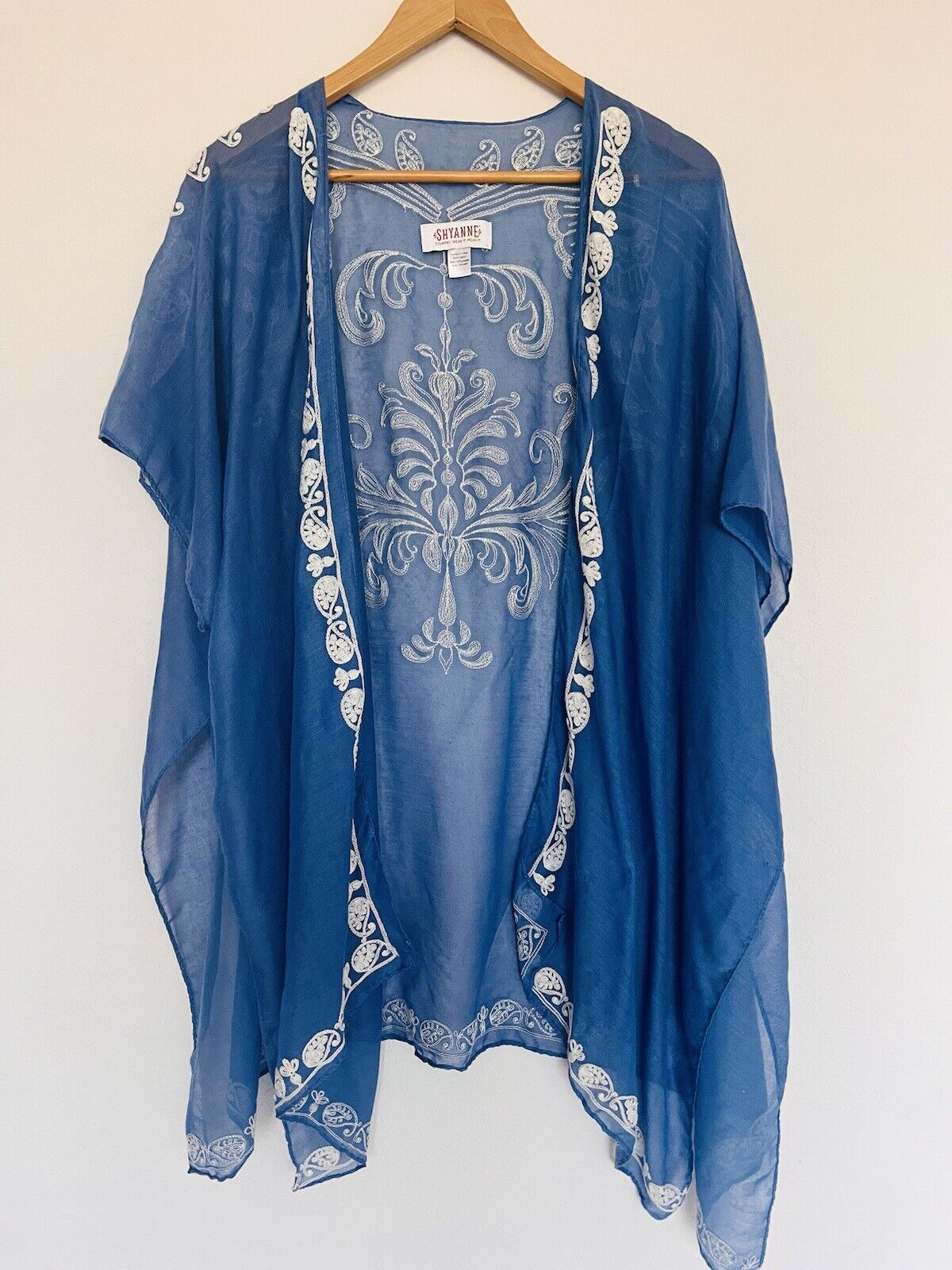 SHYANNE Women Cardigan Open Blue White Embroidered Lightweight Western