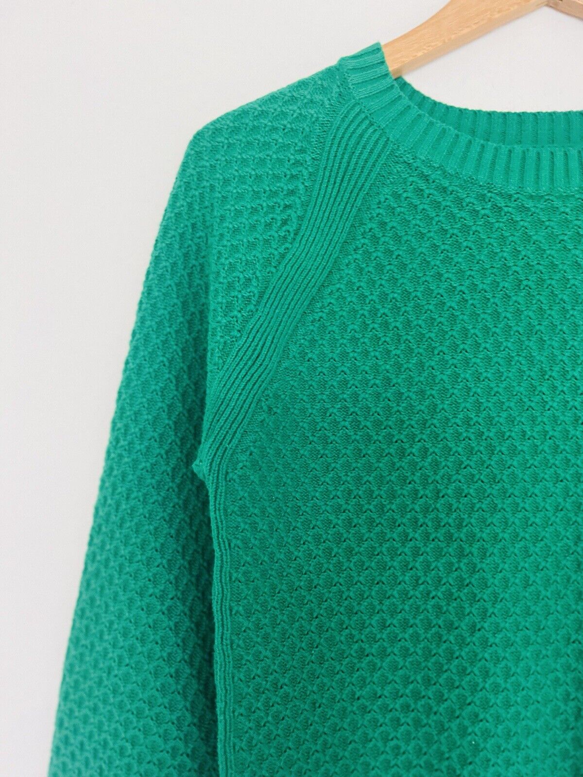 LOFT Pullover Green Knit Sweater Sz M Woven Detail Crew Neck Crop Short Boho