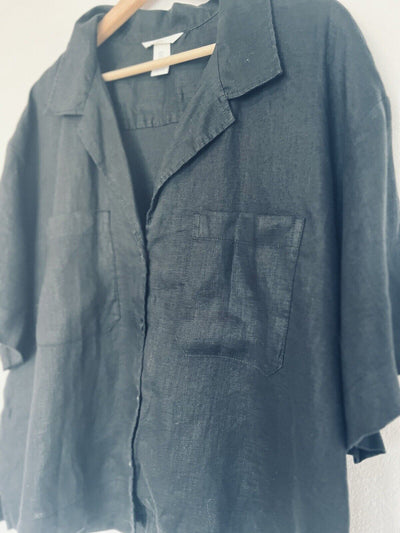 H&M Shirt Women XL Button Down Linen Boxy Pocket Black Minimalist
