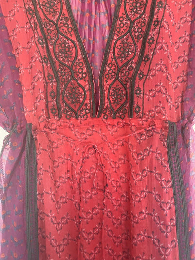 NATURAL LIFE Embroidered Maxi Shirt Dress One Size Coverup Sheer Red Boho Floral