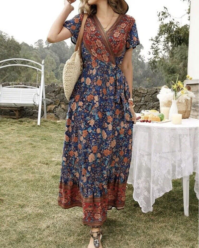 ZESICA Floral Maxi Wrap Dress Sz L Flutter Sleeves Tie Waist Boho Western