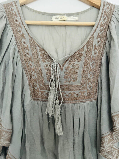 BLUE BIRD Embroidered Earthy Boho Blouse Sz S Flared Sleeves Tie Neck Flowy Top