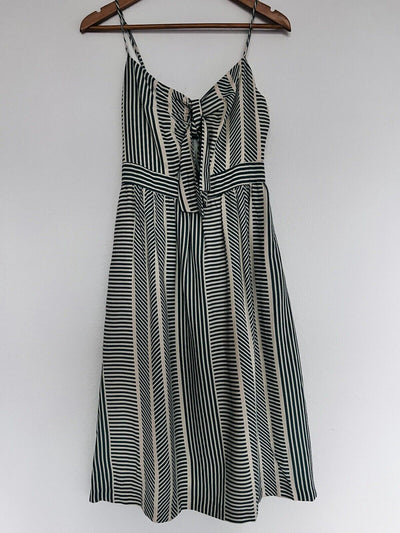 LUSH Womens Green Striped Dress Sz S Tie Front Midi Bow 100% Cotton