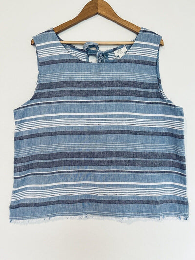 LOFT Lounge Blue Striped Linen Top Sz XL Sleeveless Frayed Hem Boho