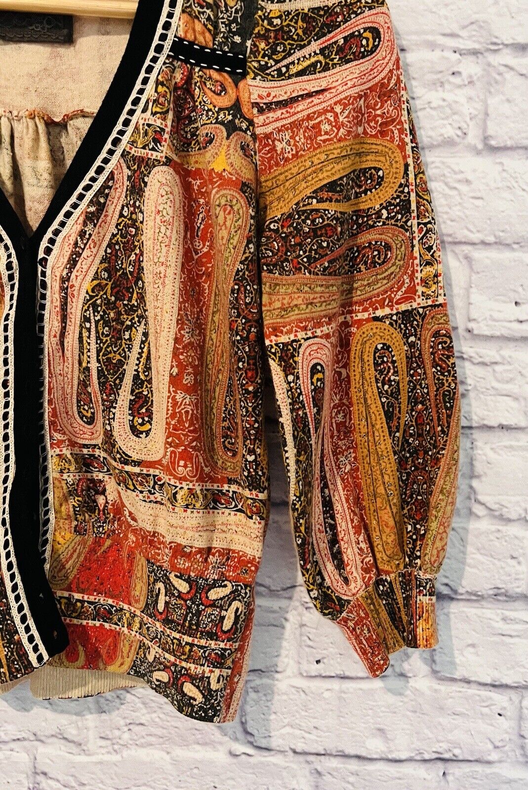 ANTHROPOLOGIE Guinevere Womens Cardigan Top Sz S Paisley Ribbon Detail Boho