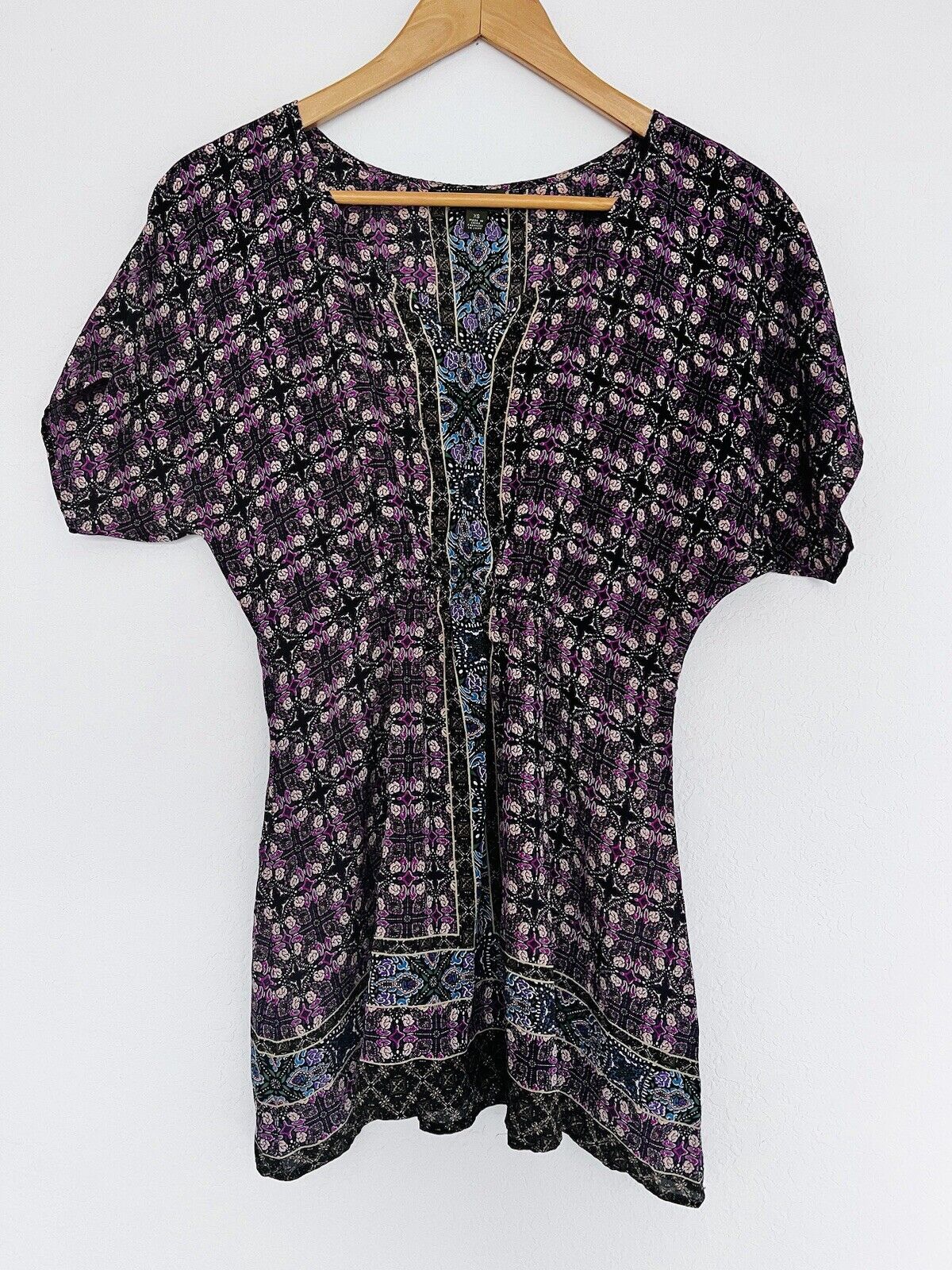 ANTHROPOLOGIE Fei 100% Silk Tunic Top Sz XS Dolman Geometric V-Neck Blouse