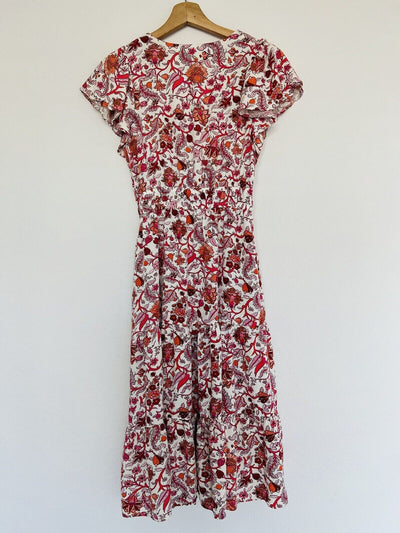 KNOX ROSE Floral V Neck Shift Dress Sz XS Red Midi Boho Romantic Peasant