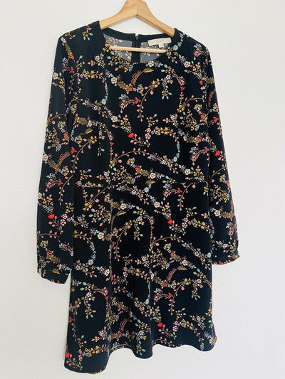 LOFT Floral Long Sleeve MIDI Dress Sz 12 Fit & Flare Zip Closure Boho