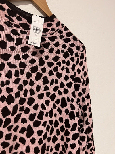 ANN TAYLOR Knit Sweater Dress Sz M Pink Brown Animal Print Long Sleeve Mock Neck