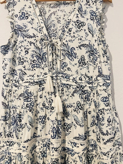 LUCKY BRAND Blue Paisley Dress Sz L Sleeveless Ruffle Tie Neck Crochet Boho