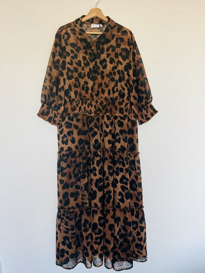 ASOS Curve Animal Leopard Print Dress Sz 18 Sheer Tiered Ruffle Smocked Waist