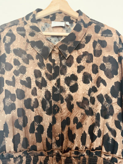 ASOS Curve Animal Leopard Print Dress Sz 18 Sheer Tiered Ruffle Smocked Waist