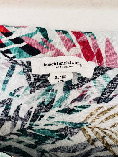 BEACHLUNCHLOUNGE Linen Blend Dress Sz XL Hawaiian Palm Tiered Botton Up Travel