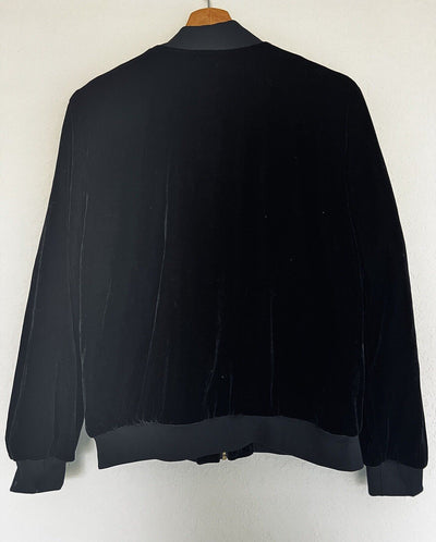 FOREVER 21 Black Velvet Velour Bomber Jacket Sz L Gold Zip Grunge Gothic