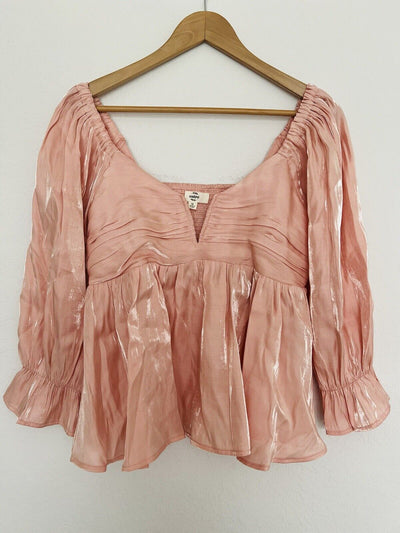 ENTRO Pink Iridescent Smocked Blouse 3/4 Bell Sleeve Babydoll Fairy Top Boho