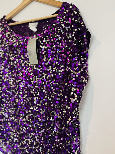 LUDI Sequins Cap Sleeve Blouse Sz M Purple Lined Shiny Party Dance Glitzy Formal