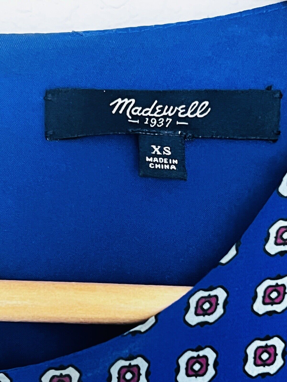 MADEWELL 100% Silk A-line Dress Sz XS Blue Pockets Lined Geometric Knee Length