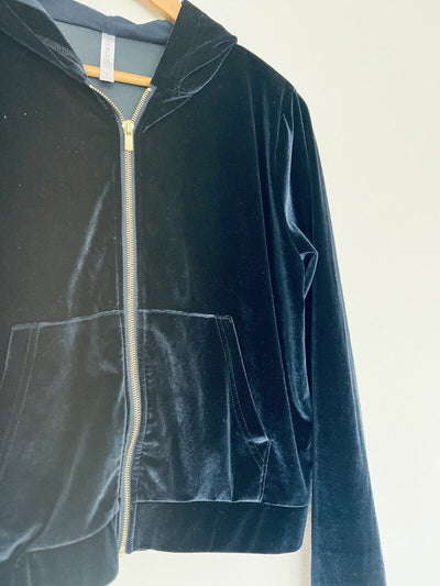 Fabletics Velvet Velour Sweatshirt Sz S Gold Zip Hoodie Dark Navy