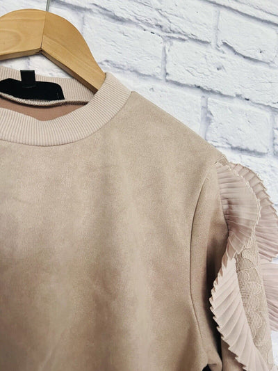 ALICE BLUE Womens Faux Suede Sweatshirt Top Sz S Lace Detail Ruffle Sleeves Boho