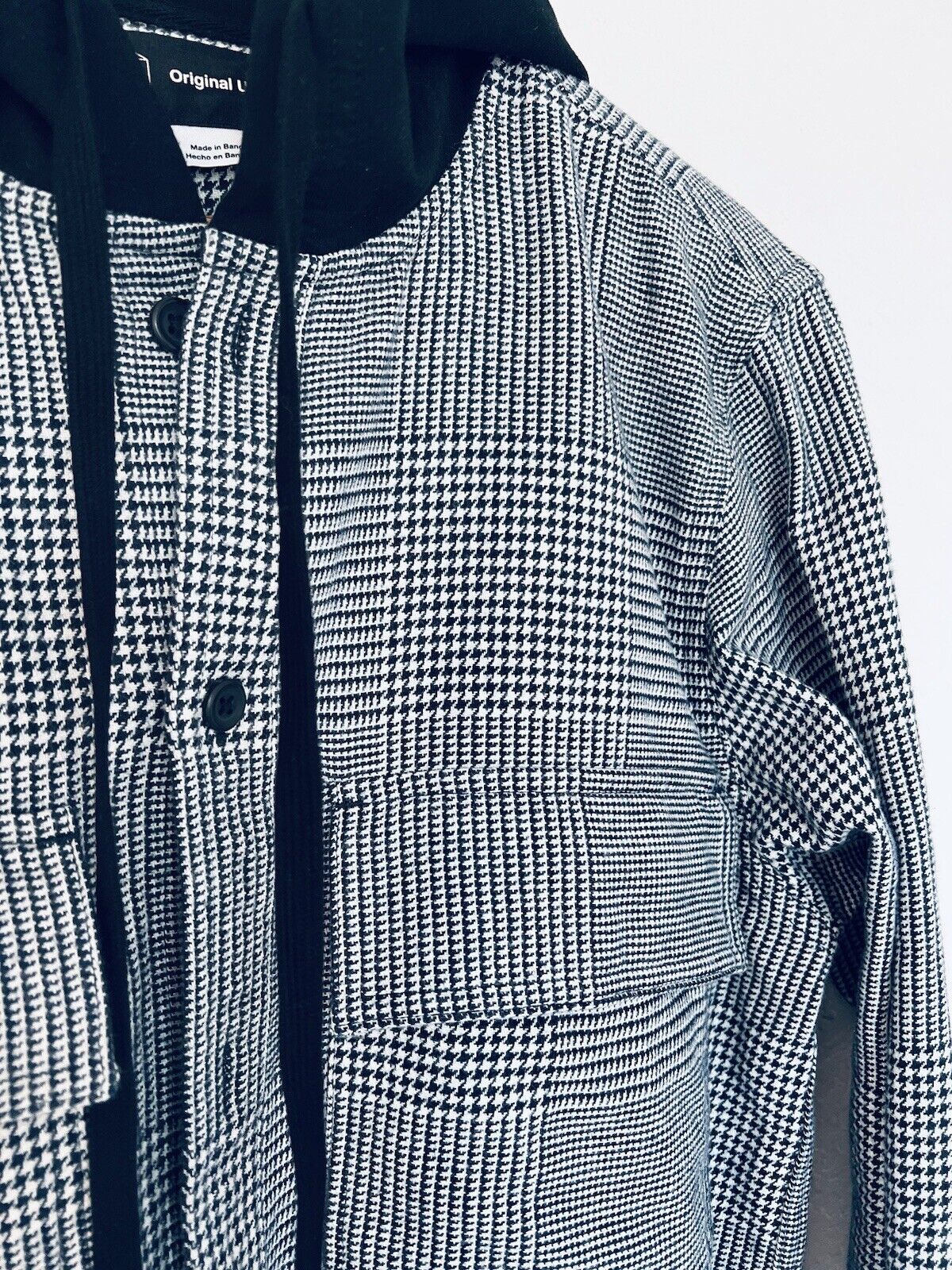 ORIGINAL USE Mens Hooded Shirt Sz M Heavyweight Pockets Long-Sleeve Houndstooth