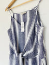 LOFT NWT Linen Blend Wide Leg Jumpsuit Sz L Khaki Blue Striped Minimalist Boho