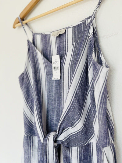 LOFT NWT Linen Blend Wide Leg Jumpsuit Sz L Khaki Blue Striped Minimalist Boho