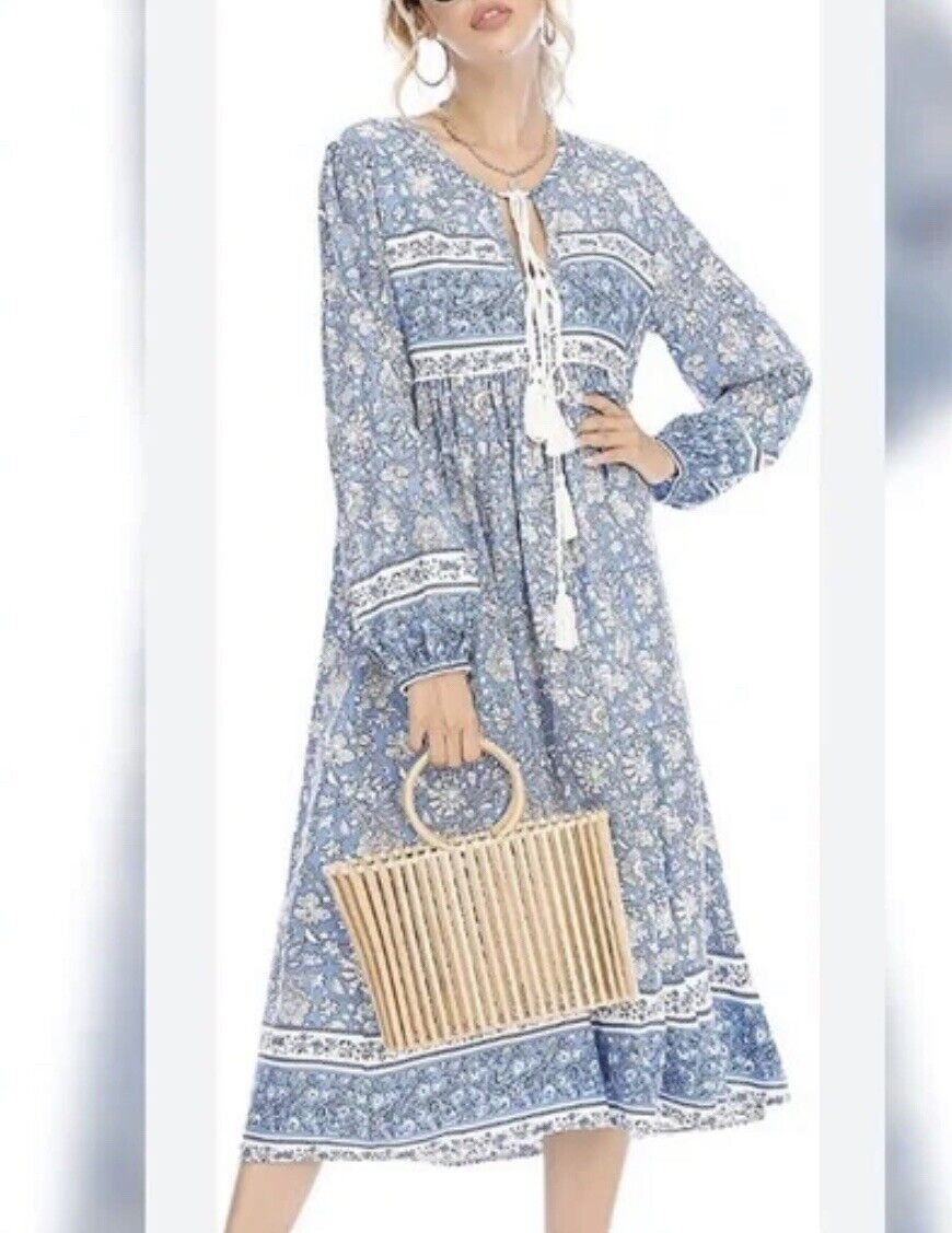 R.Vivimos Boho Dress Long Sleeve Tassel Midi Relaxed Fit Floral Blue Size S 4/6