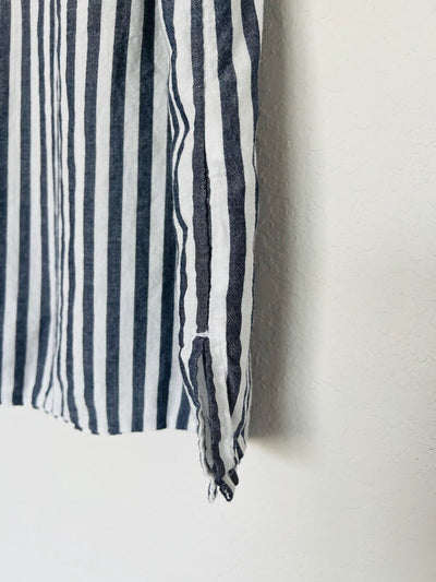 TALBOTS Tassel Tie Neck Blouse Sz S White Black Stripe Shirt Ruche Sleeve Boho