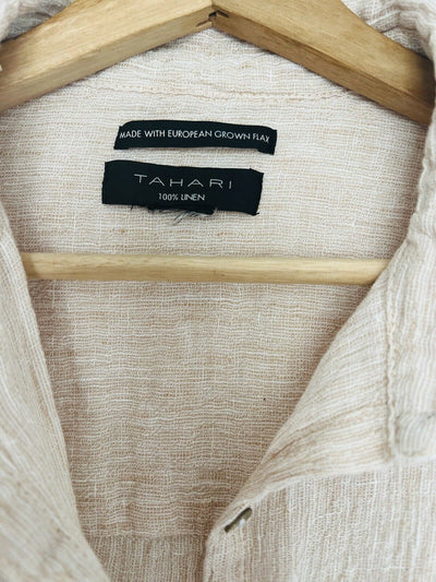 TAHARI 100% Linen Button Up Top Tan European Flax Lightweight Boxy Relaxed Boho