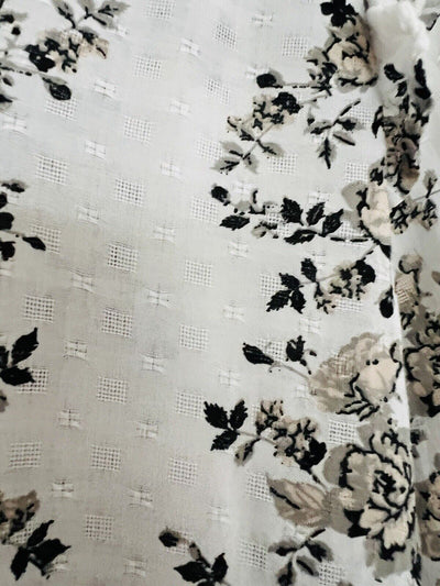 LUCKY BRAND Valentina Cream Floral Top Sz XS Long Sleeve Ruffle Shoulder Detail