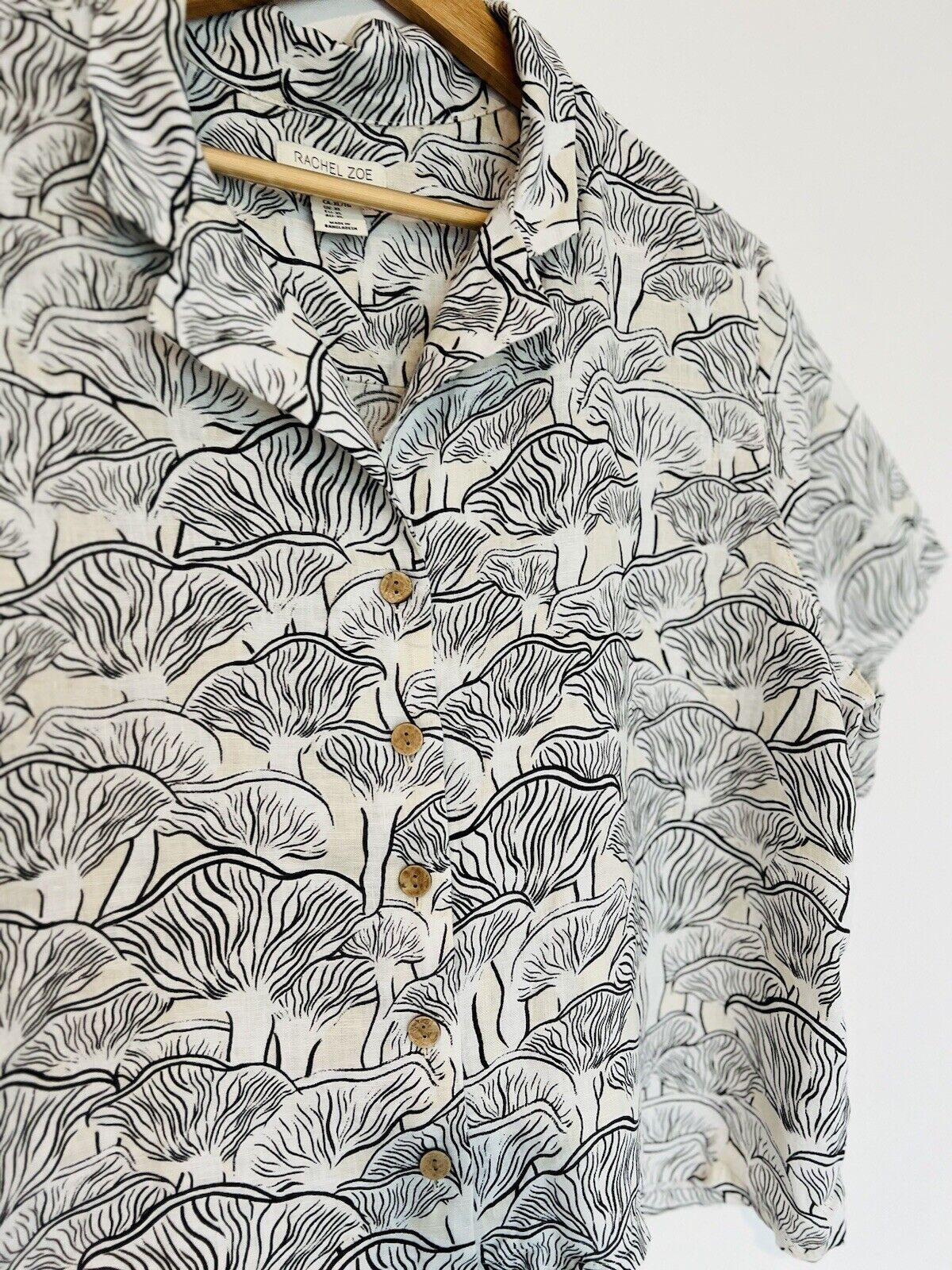 RACHEL ZOE Mushroom Print 100% Linen Botton Shirt Sz L Boxy Relaxed Cropped Boho