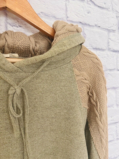 ODDI Hooded Pullover Sweatshirt Sz L Cable Knit Detail Sweater Beige Boho